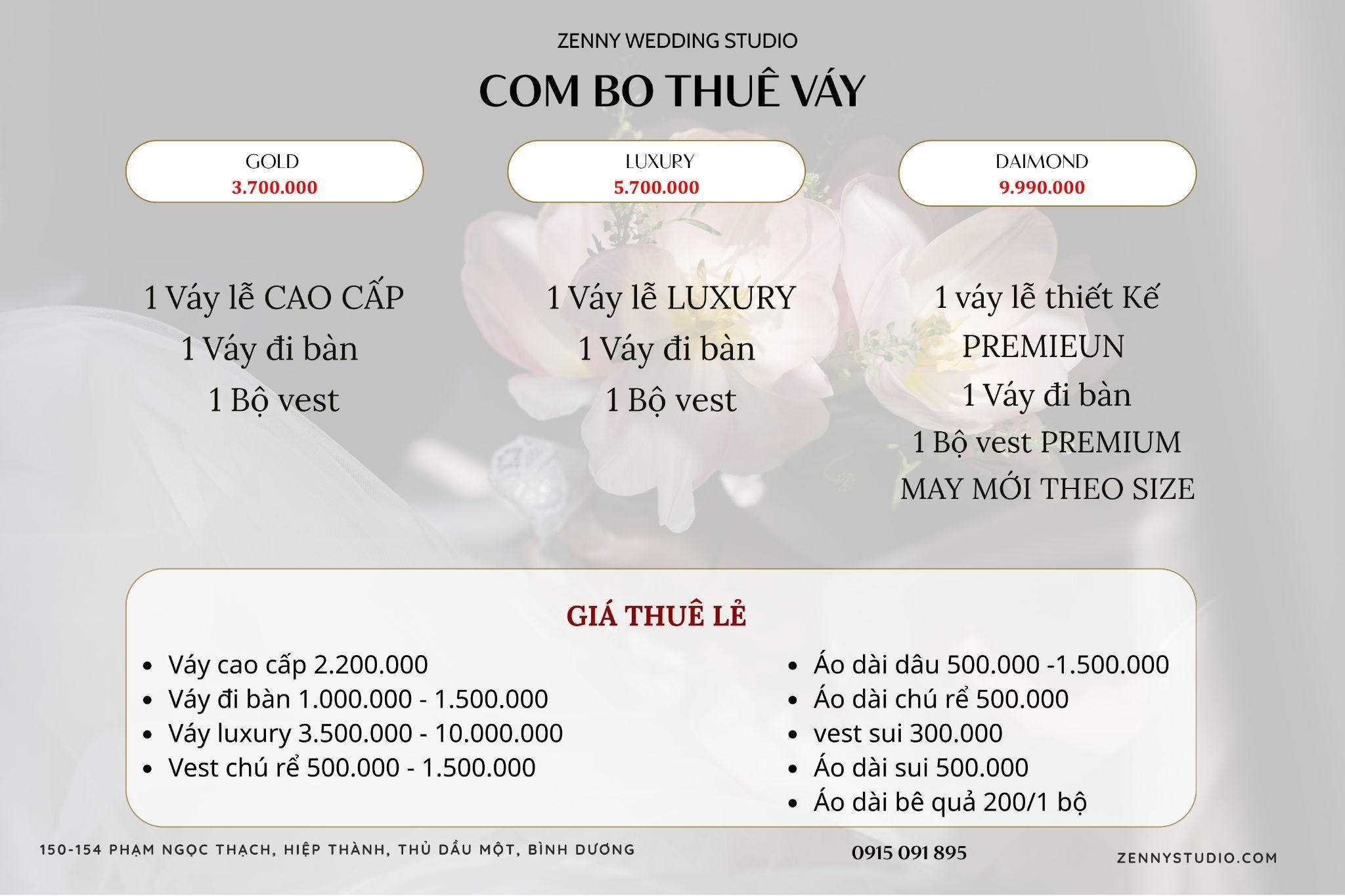 Bảng giá cho thuê váy cưới trọn gói tại Zenny Studio